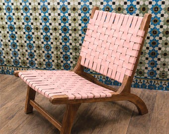 Moroccan Leather Lounge Chair | Handmade Woven Accent Seat.
