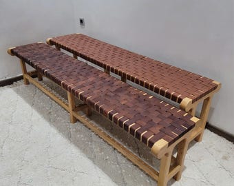 Handcrafted Wood Leather Bench, Rustic Home Office Garden Furniture, Artisan Made Custom Size Finish