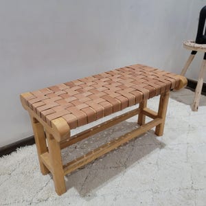 Moroccan Leather Bench, Handmade Rustic Entryway Bench Wood, Woven Leather Strap Seating, Farmhouse Furniture, Walnut Accent Bench, Decor