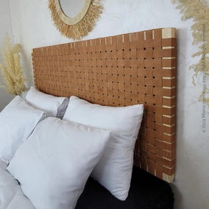 Wall Mounted Woven Leather Strap Headboard, Real Tan Leather King Queen Double Easy Install