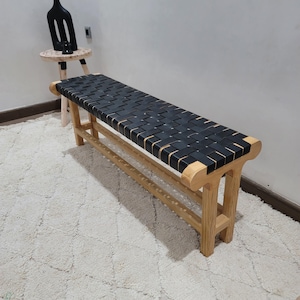 Handwoven Leather Strap Bench, Custom Chairs Rustic Boho Bedroom Decor, High-Quality Genuine Leather, Modern Design, Entryway Bench, Gift