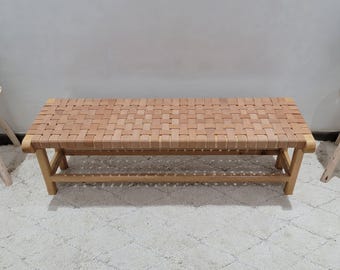 Sièges en cuir et bois, pièce d'entrée rustique personnalisée, meubles de maison minimalistes modernes en noyer tressé