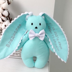 Personalized toy bunny for newborns. Textile embroidery toy bunny. Baby&#39;s favorite first toys bunny.