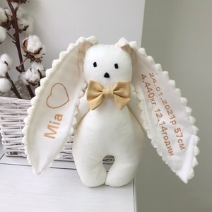 Personalized toy bunny for newborns. Textile embroidery toy bunny. Baby&#39;s favorite first toys bunny.