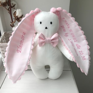 Personalized toy bunny for newborns. Textile embroidery toy bunny. Baby's favorite first toys bunny.