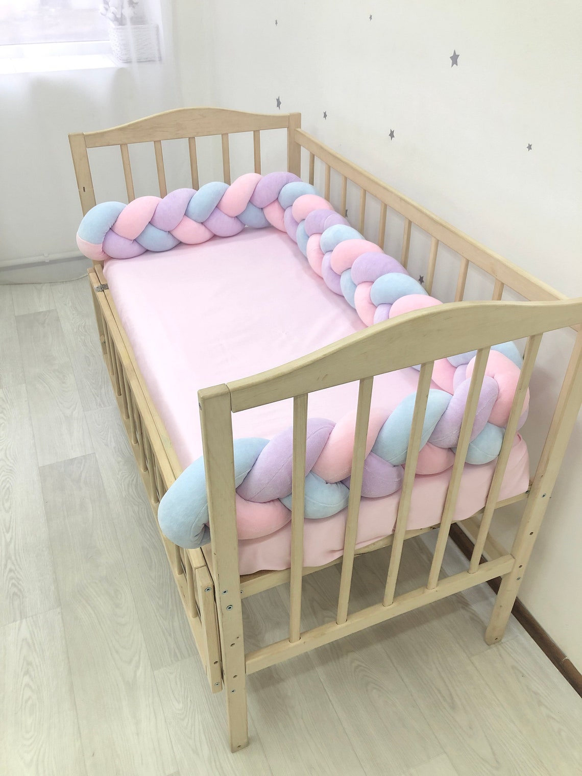 Braided Crib Bumper. Pink lilac blue knot bumper cot. Safe Etsy