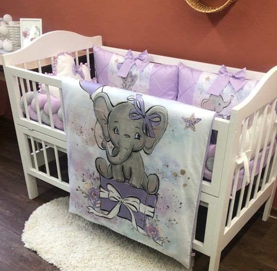 Lilac Crib Bedding for a Girl Nursery Decor With Elephant. Etsy
