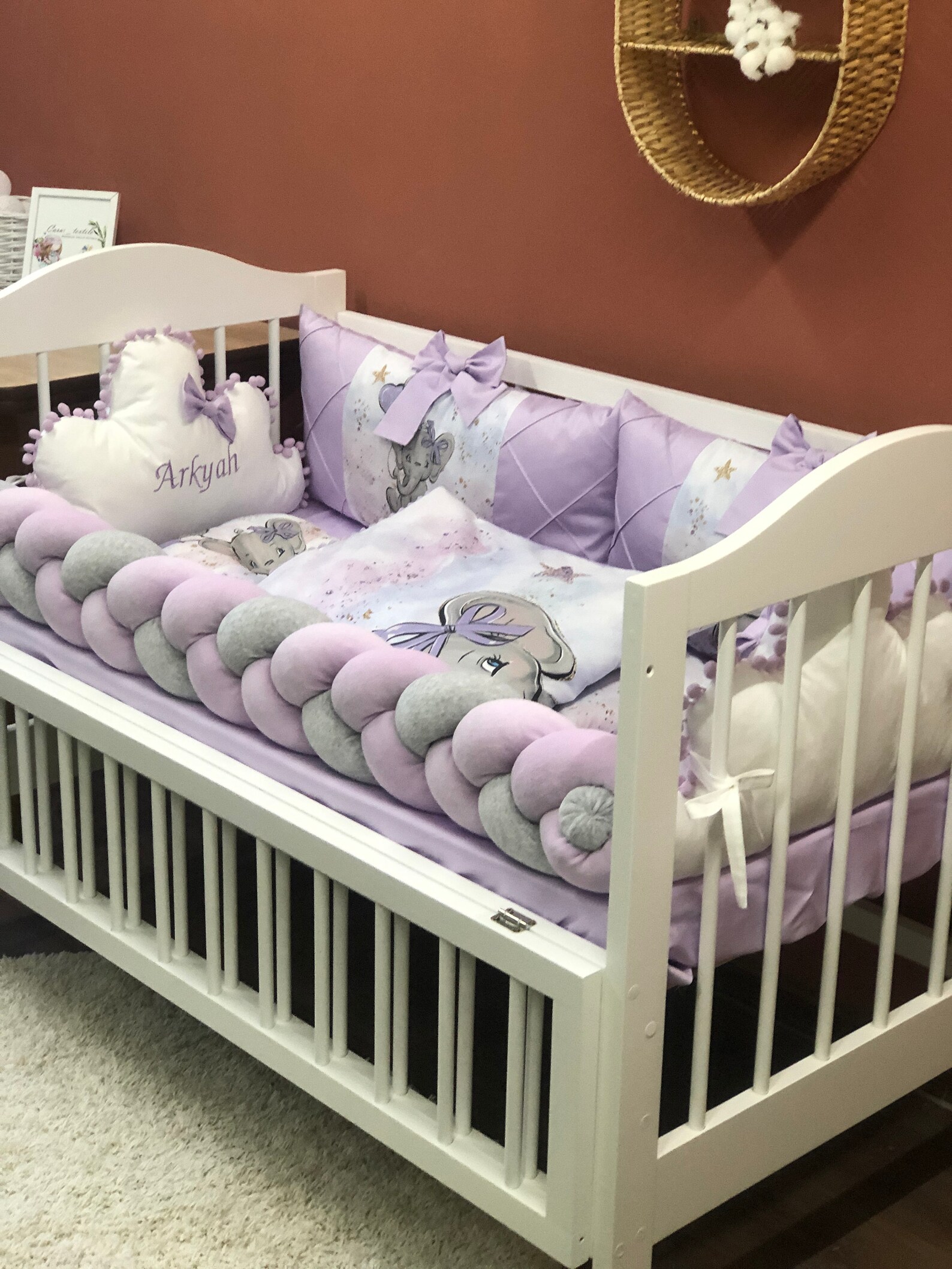 Lilac Crib Bedding for a Girl Nursery Decor With Elephant. Etsy