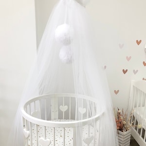 White bed canopy , Baby shower gift ,canopy bed curtains  Baby room decor white , canopy with pom-poms
