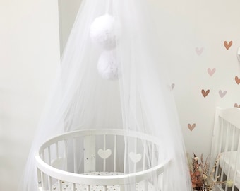 White bed canopy , Baby shower gift ,canopy bed curtains  Baby room decor white , canopy with pom-poms