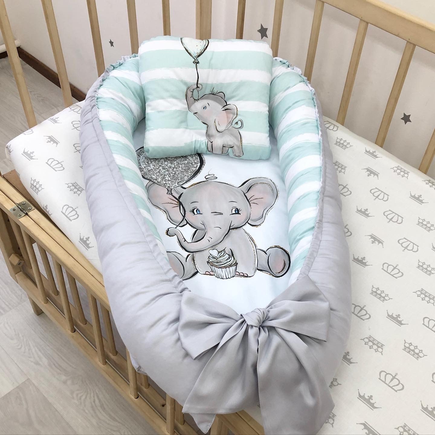 Gray babynest lounger with elephant pattern for a newborn Etsy