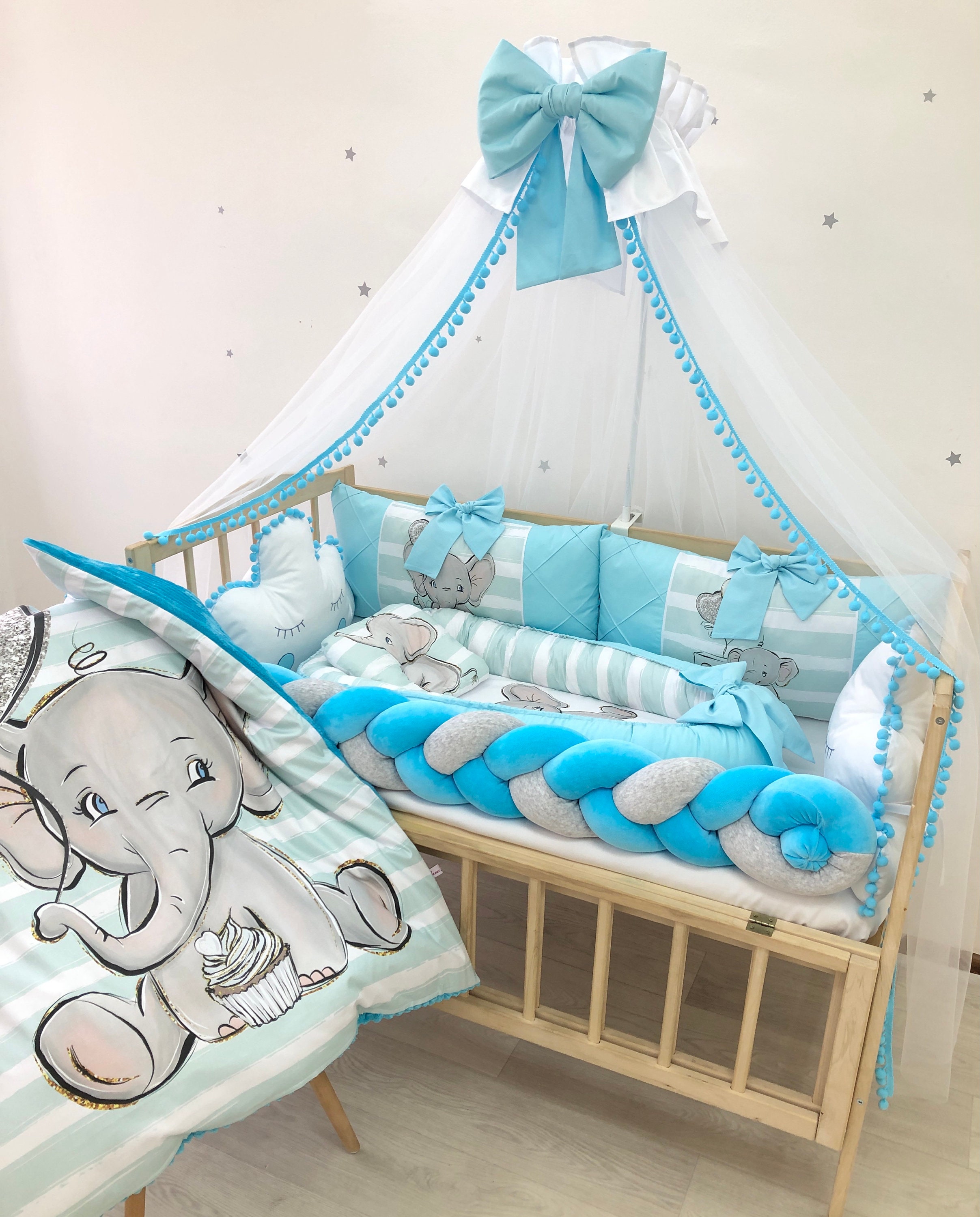 Blue baby bedding set with elephant pattern for crib. Elephant Etsy