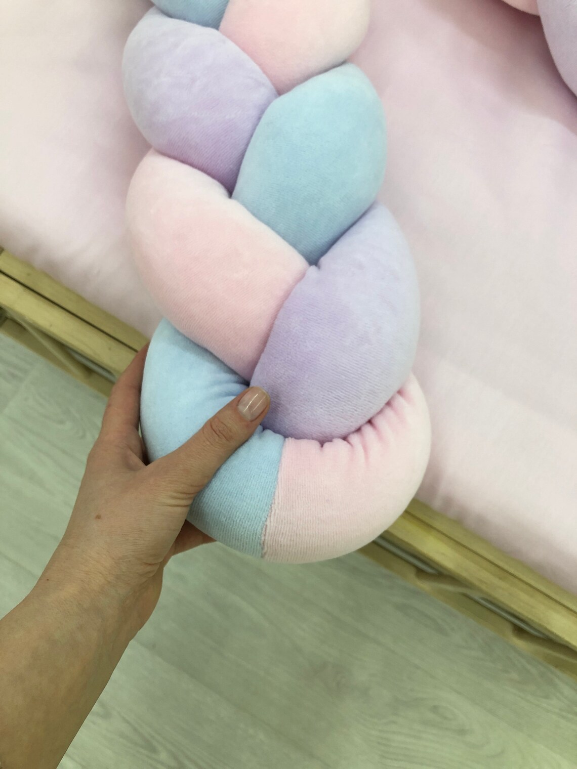 Braided Crib Bumper. Pink lilac blue knot bumper cot. Safe Etsy