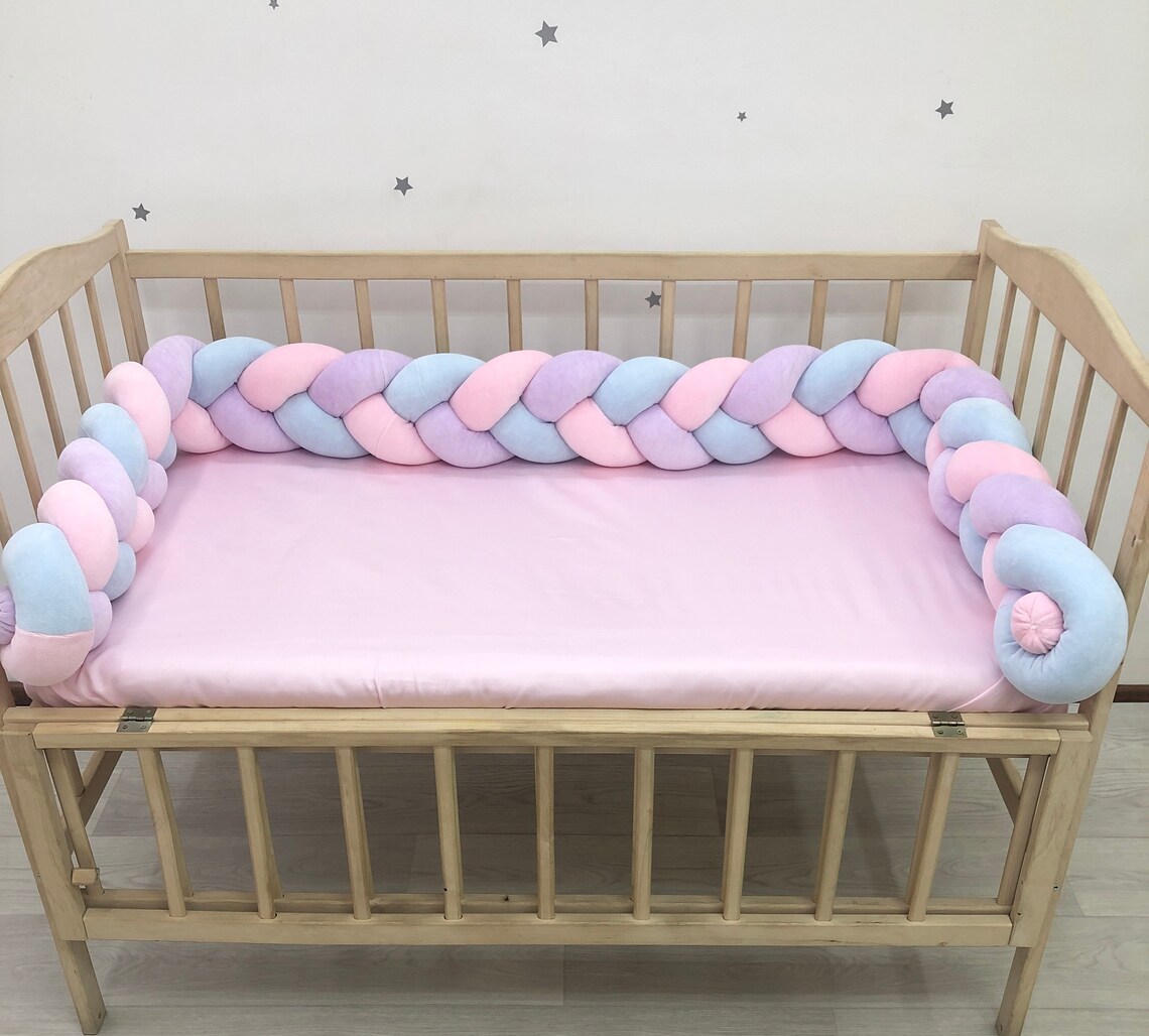 Braided Crib Bumper. Pink lilac blue knot bumper cot. Safe Etsy