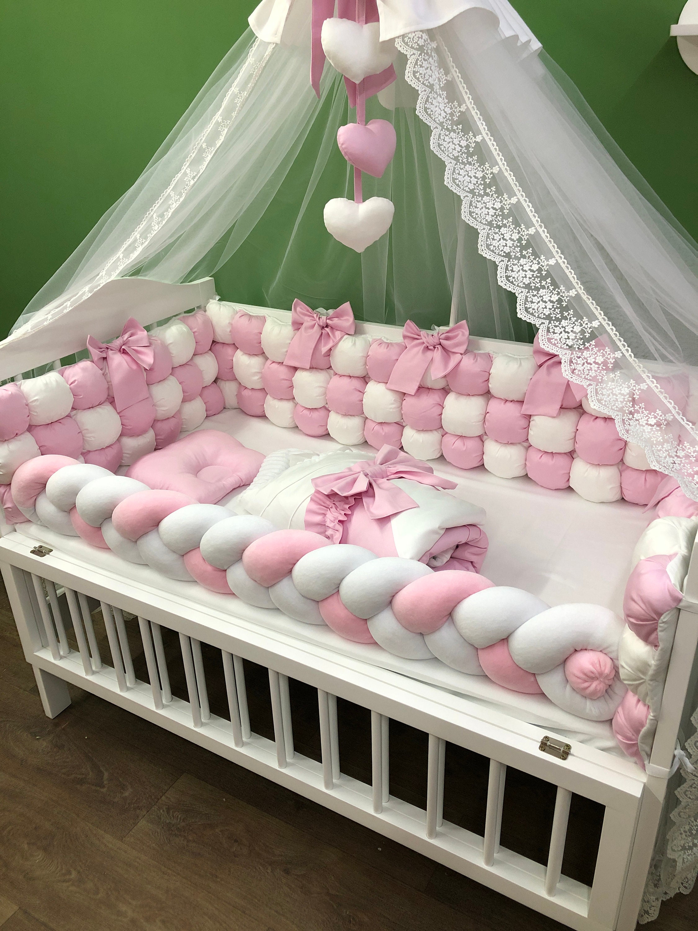 Pink white girl baby bedding for crib. Baby quilt. Cot bedding | Etsy
