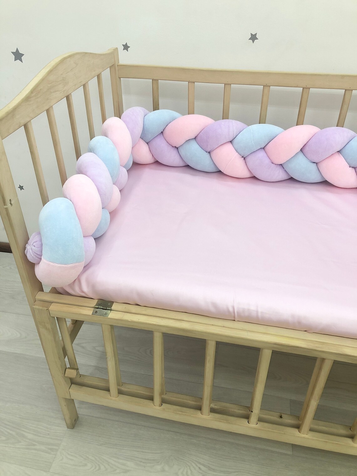 Braided Crib Bumper. Pink lilac blue knot bumper cot. Safe Etsy