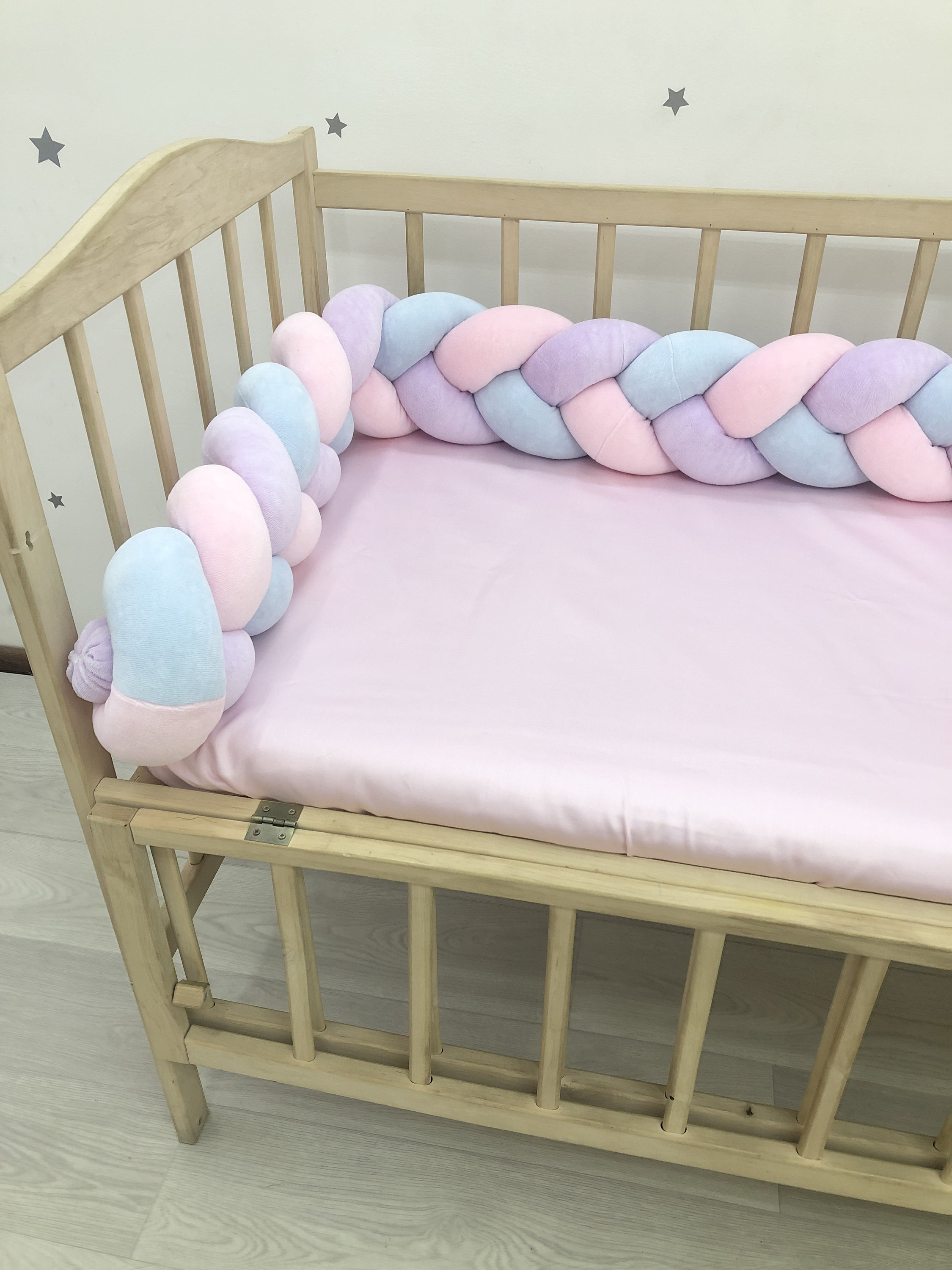 Braided Crib Bumper. Pink lilac blue knot bumper cot. Safe Etsy