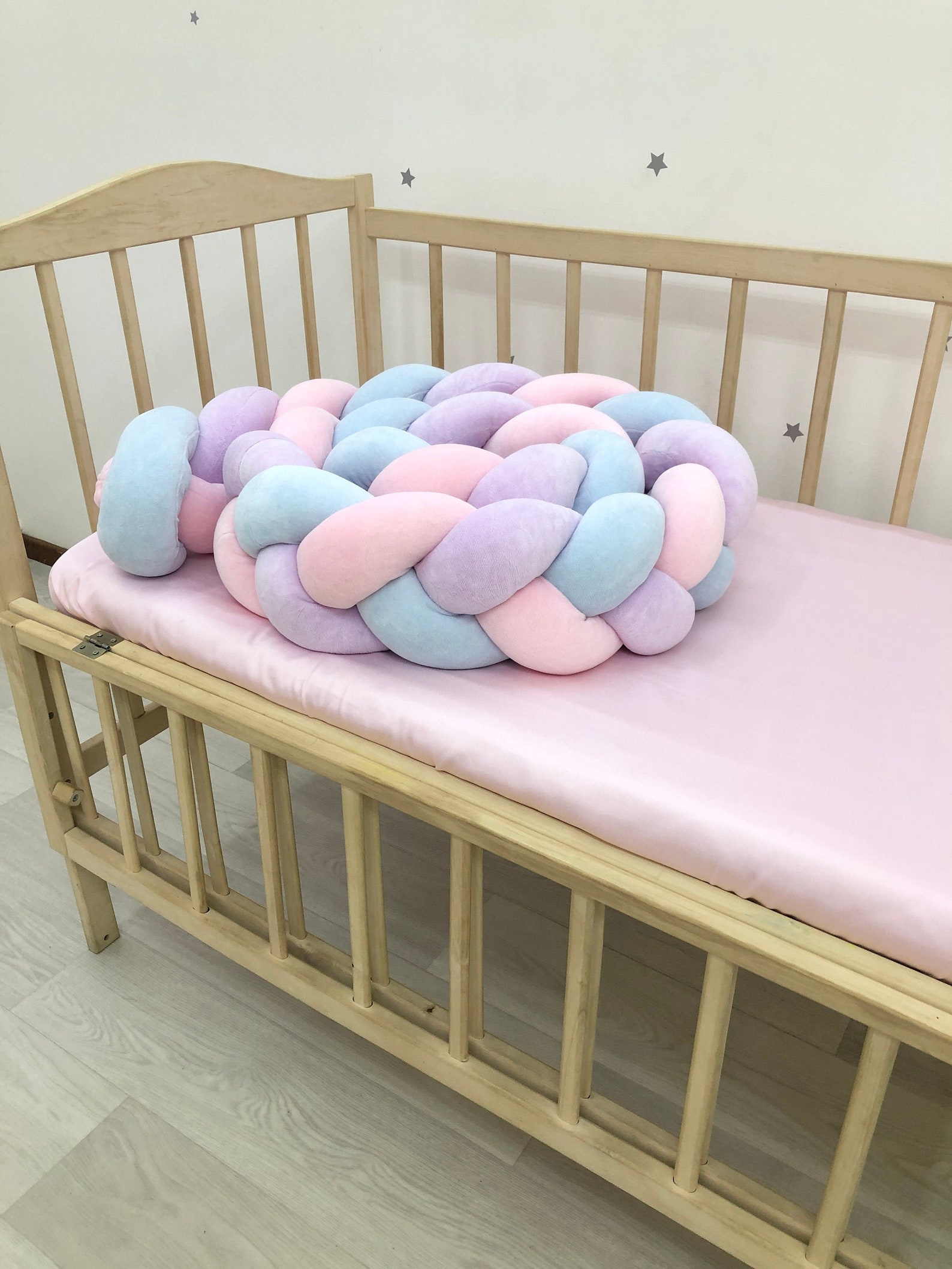 Braided Crib Bumper. Pink lilac blue knot bumper cot. Safe Etsy