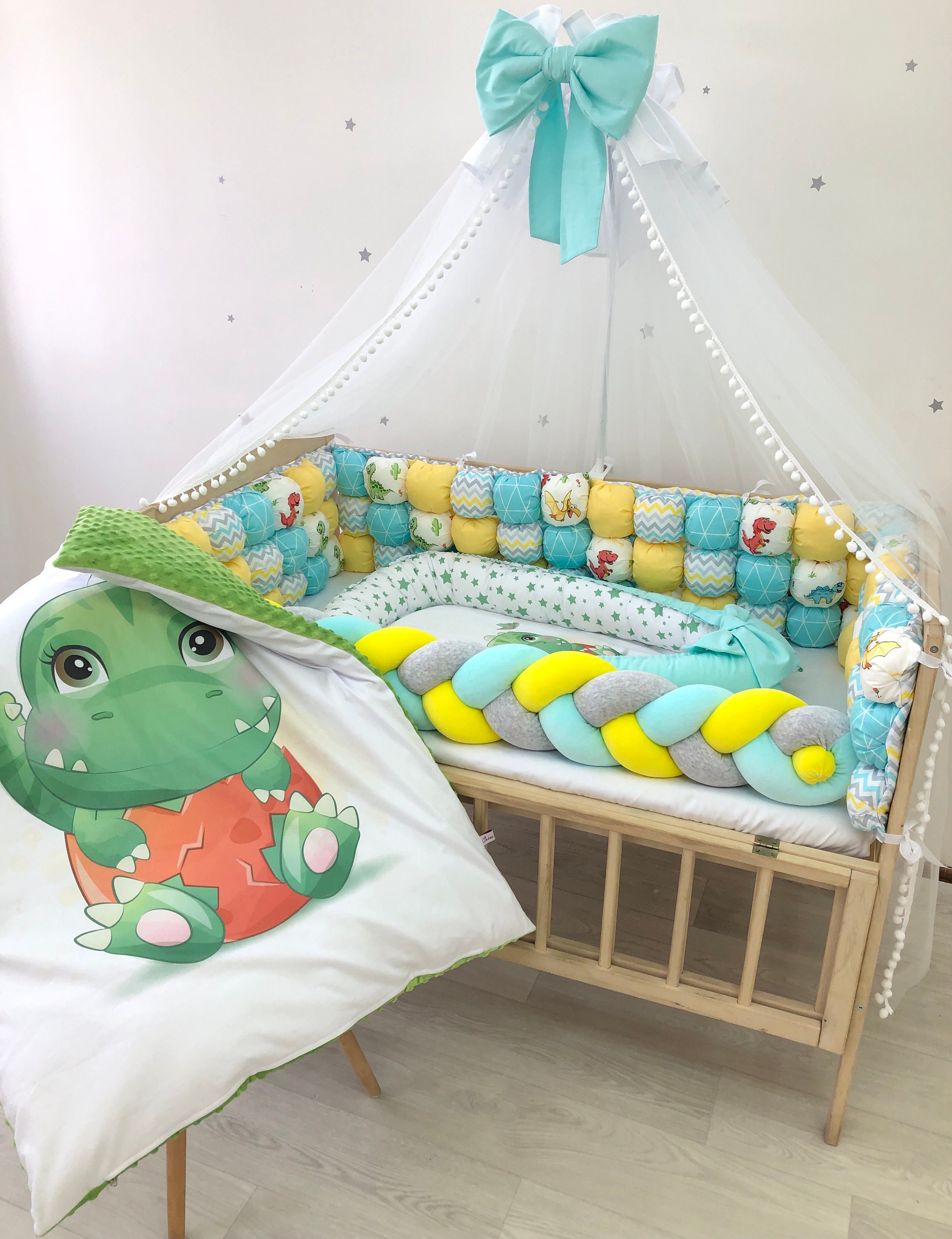 Green crib baby bedding with Dino pattern. Dinosaur baby Etsy