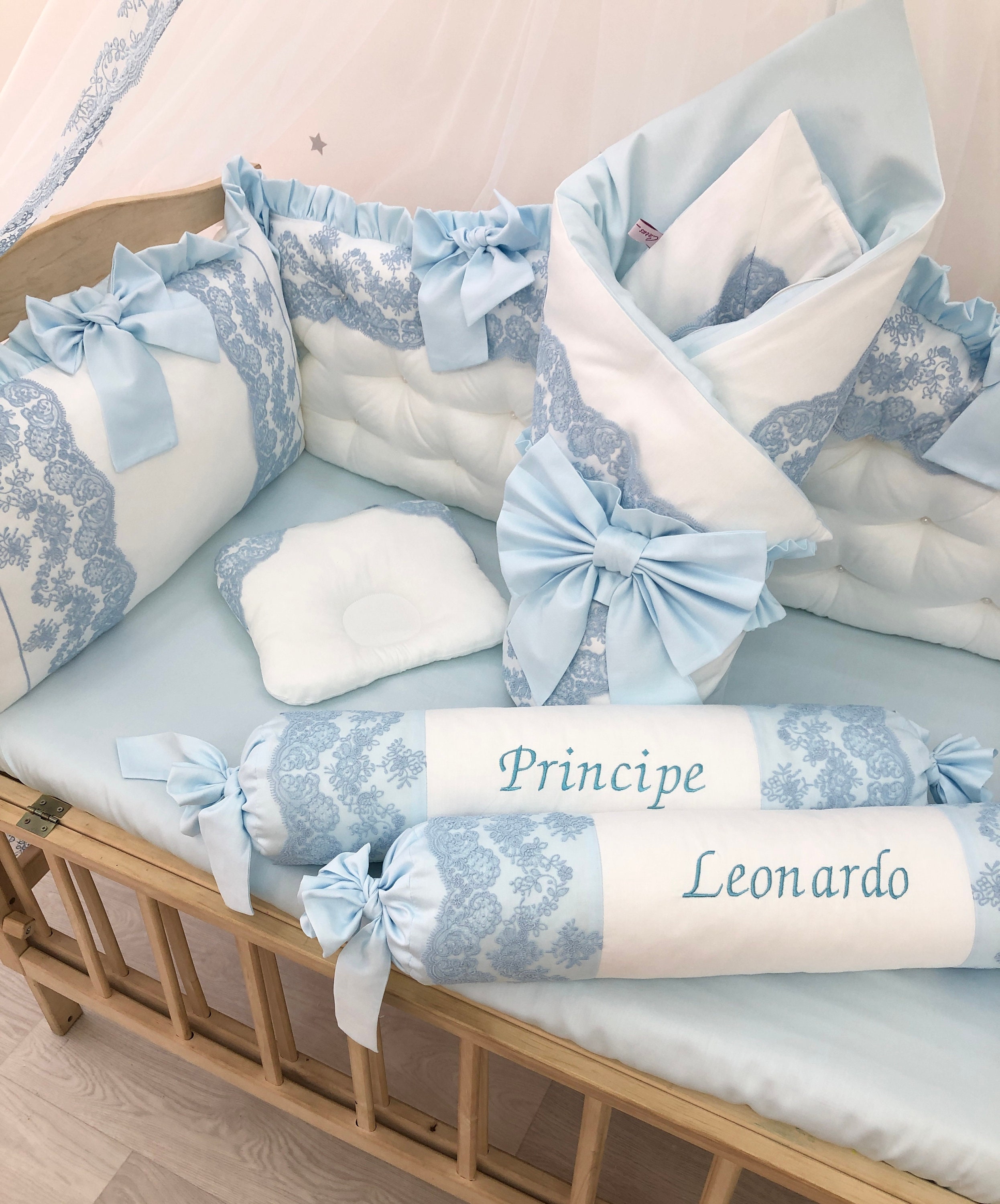 Royal luxury crib bedding set in sky blue and white colors. Etsy