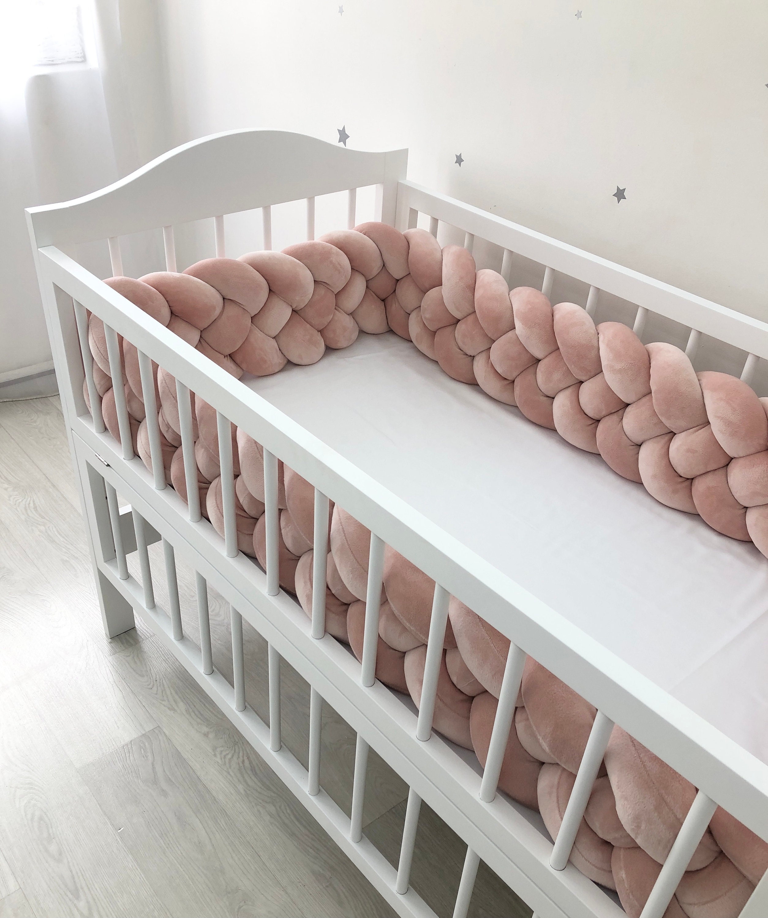Braided bumper crib bedding in dusty rose. Knot pillow Etsy