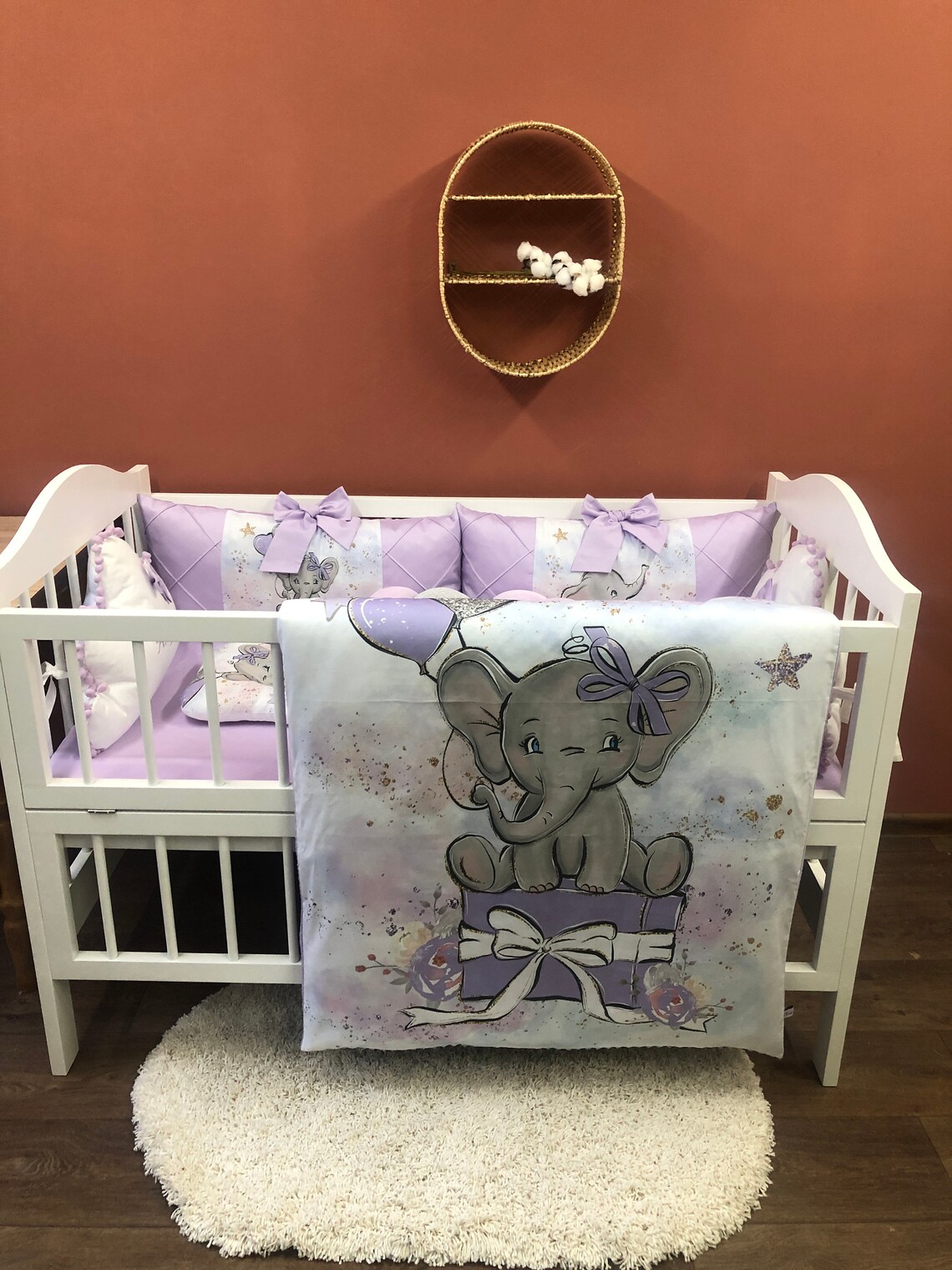 Lilac crib bedding for a girl nursery decor with elephant. Etsy