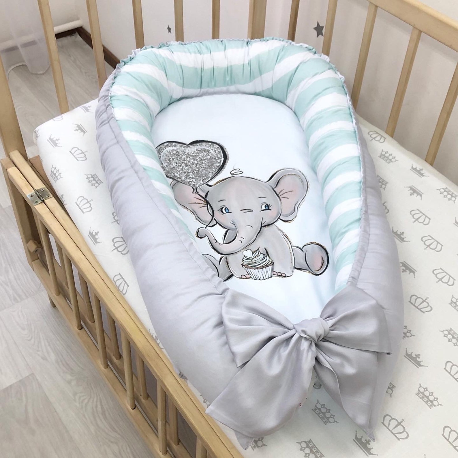 Gray babynest lounger with elephant pattern for a newborn Etsy