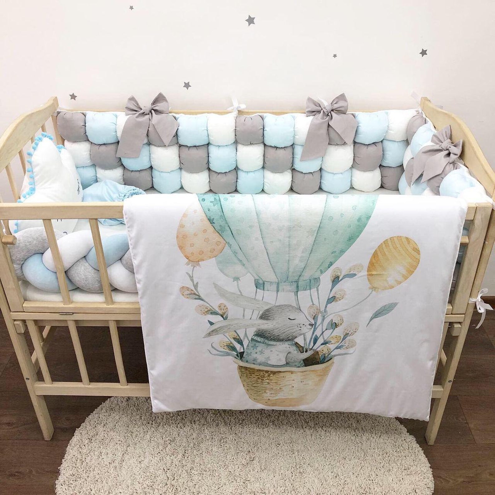 Blue white grey baby bedding for a newborn with a fairy rabbit | Etsy