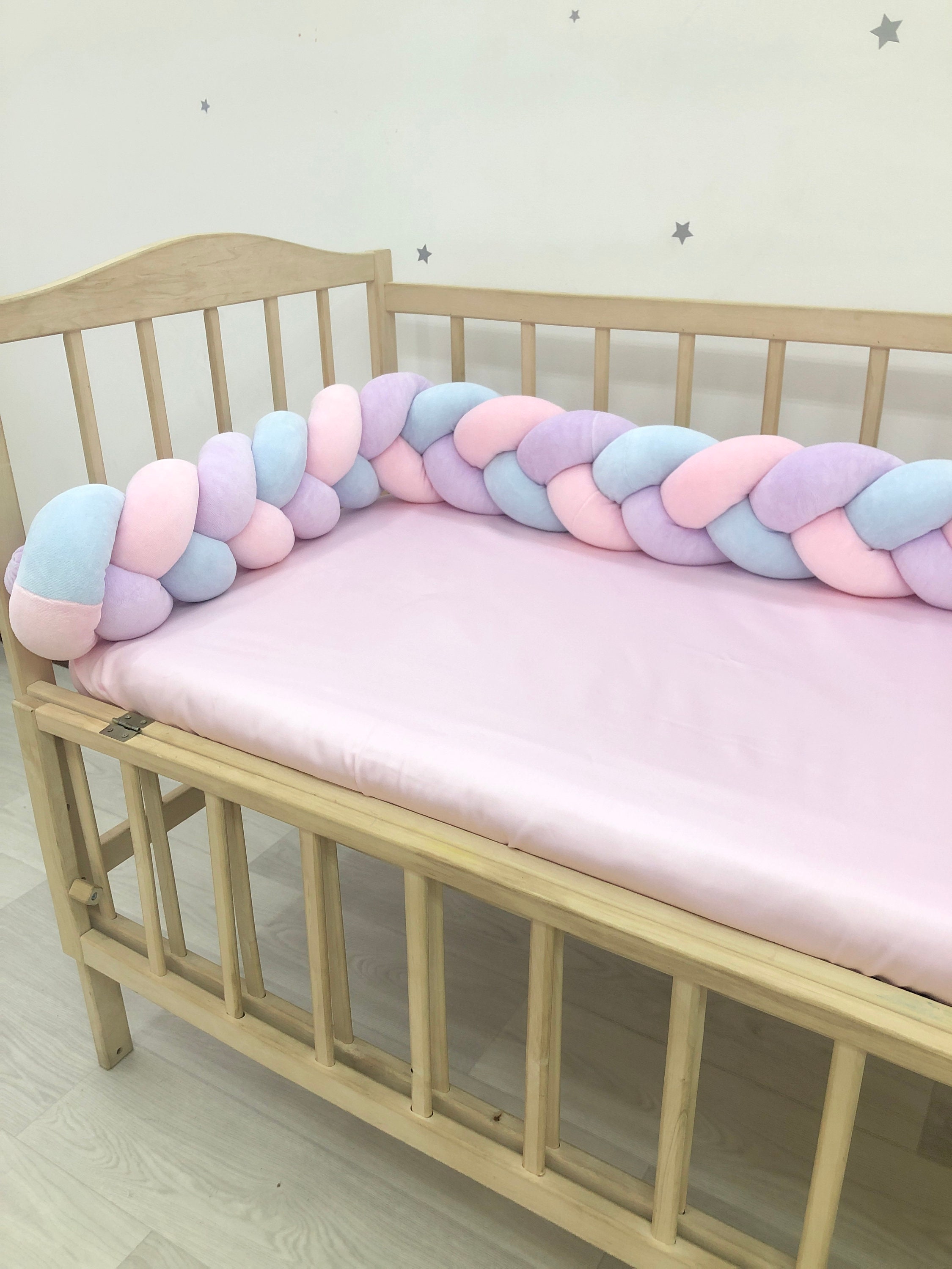 Braided Crib Bumper. Pink lilac blue knot bumper cot. Safe Etsy