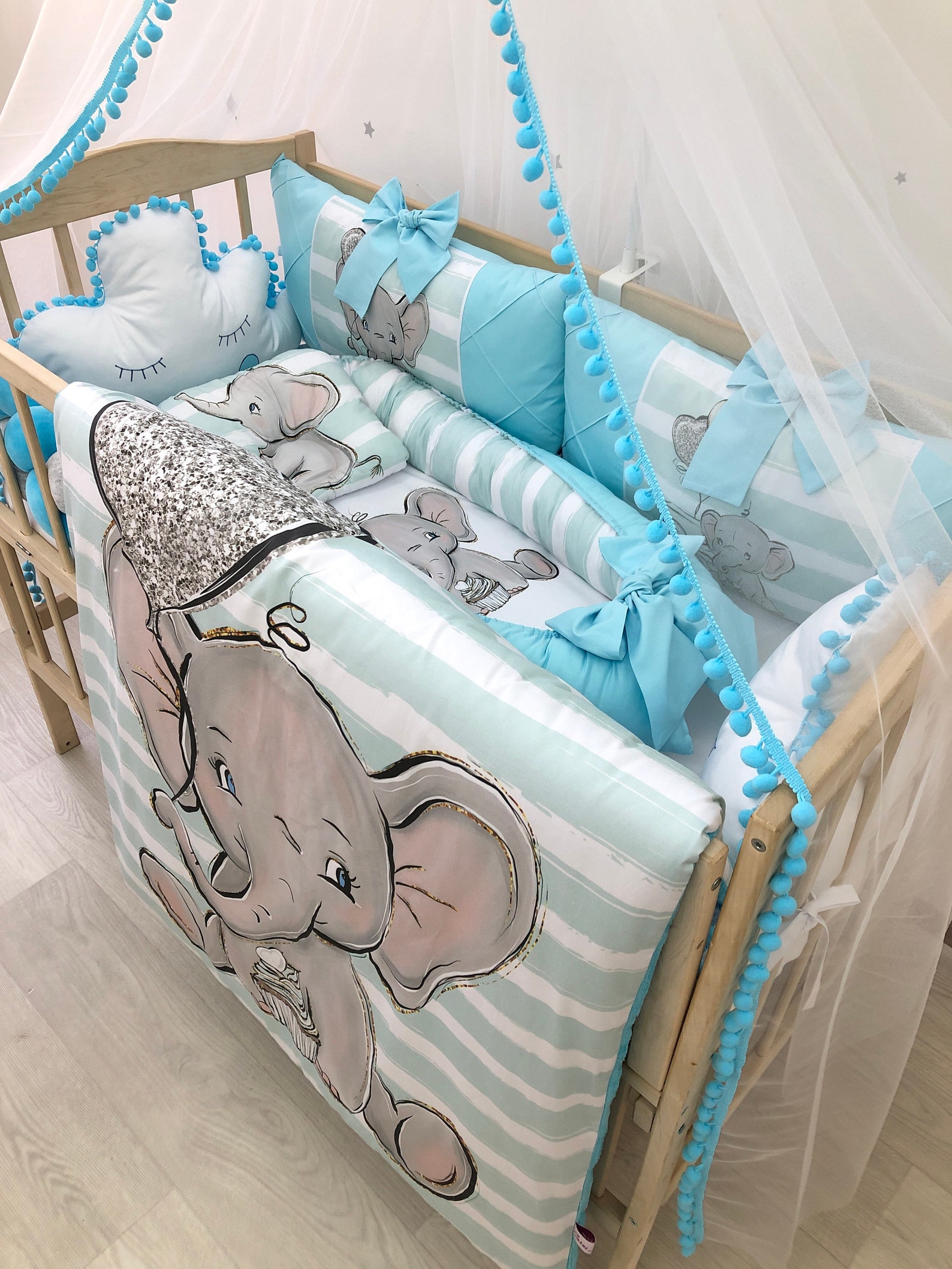 Blue Baby Bedding Set With Elephant Pattern for Crib. Elephant Etsy