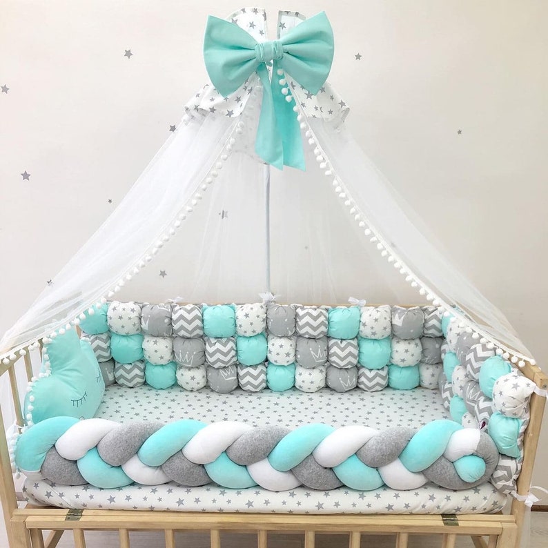 Mint Baby Bedding Set With Canopy Braided Bumper Bubble Etsy