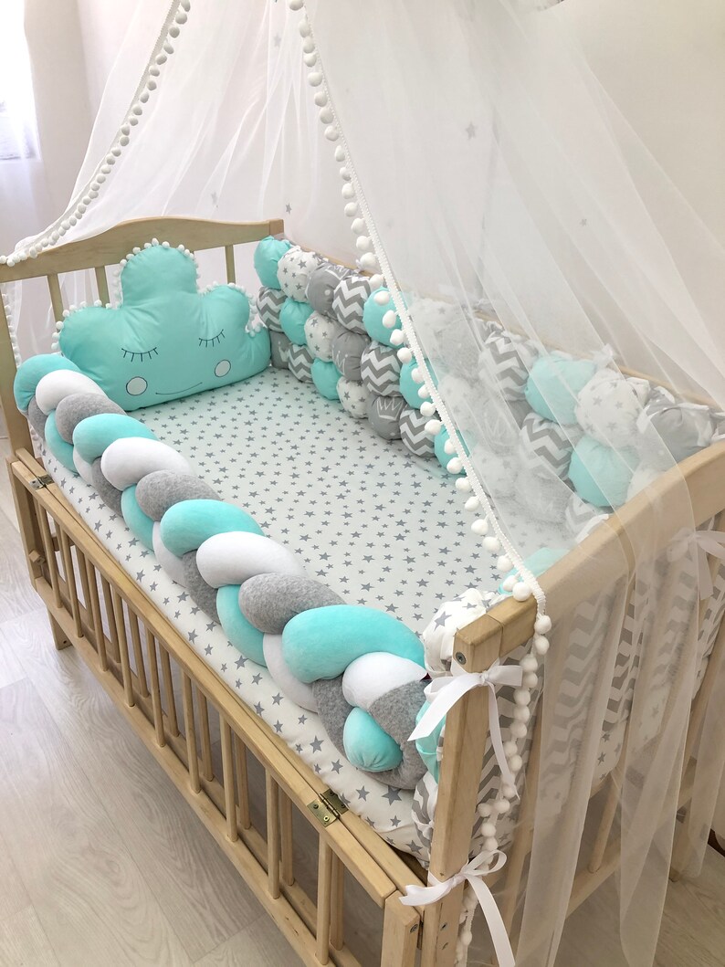 Mint Baby Bedding Set With Canopy Braided Bumper Bubble Etsy