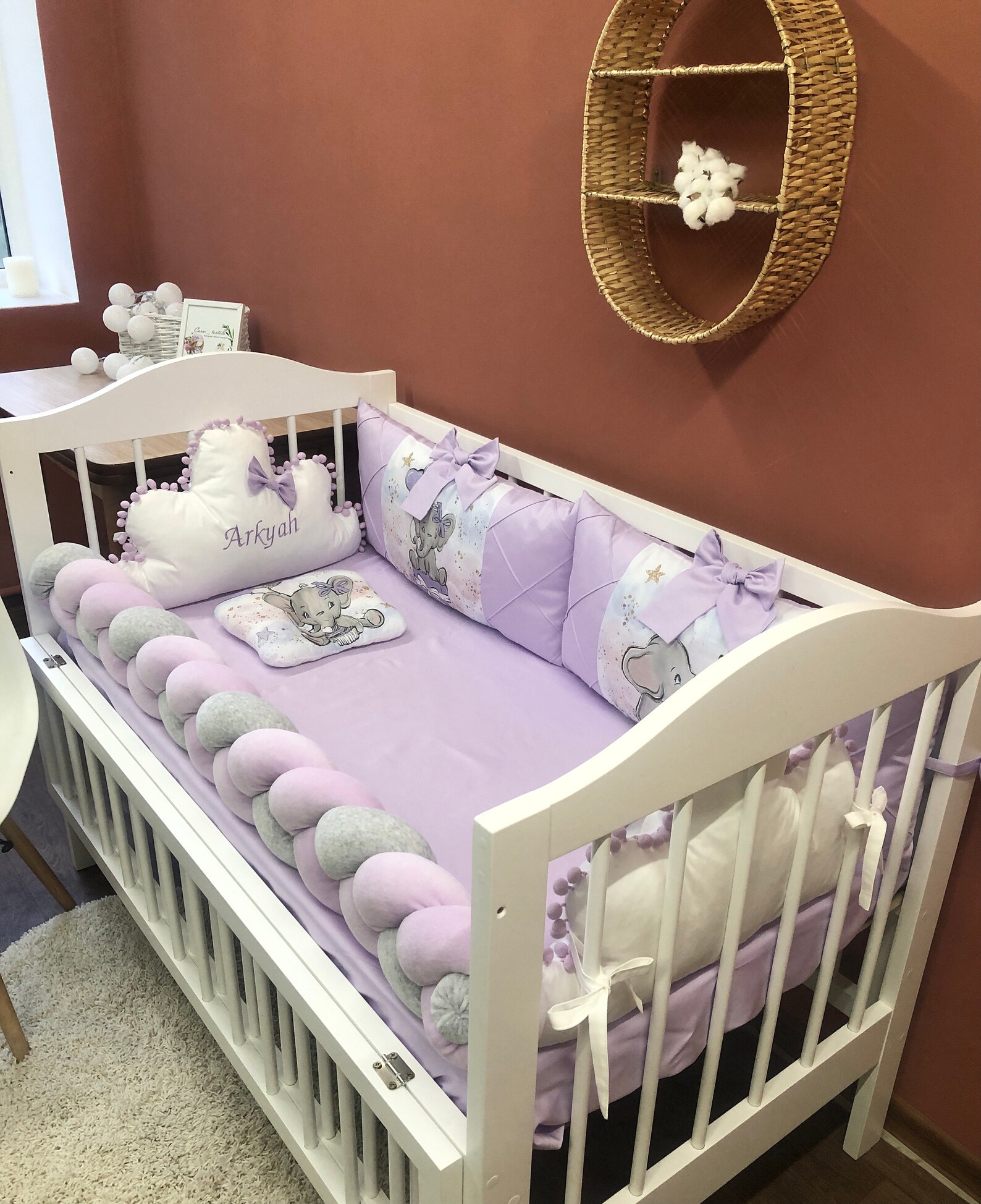 Lilac Crib Bedding for a Girl Nursery Decor With Elephant. Etsy