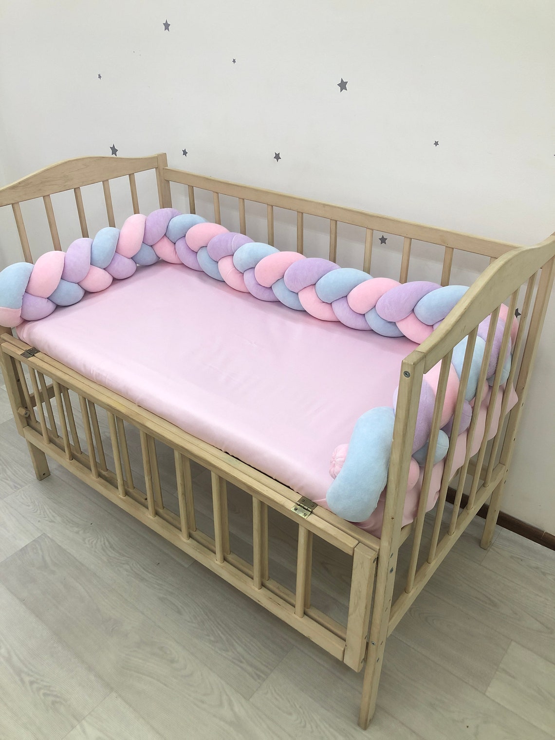 Braided Crib Bumper. Pink lilac blue knot bumper cot. Safe Etsy
