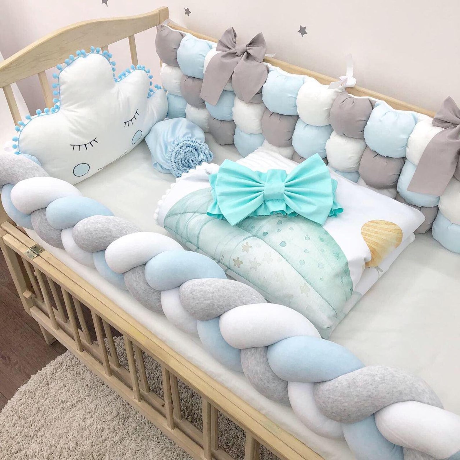 Blue white grey baby bedding for a newborn with a fairy rabbit | Etsy