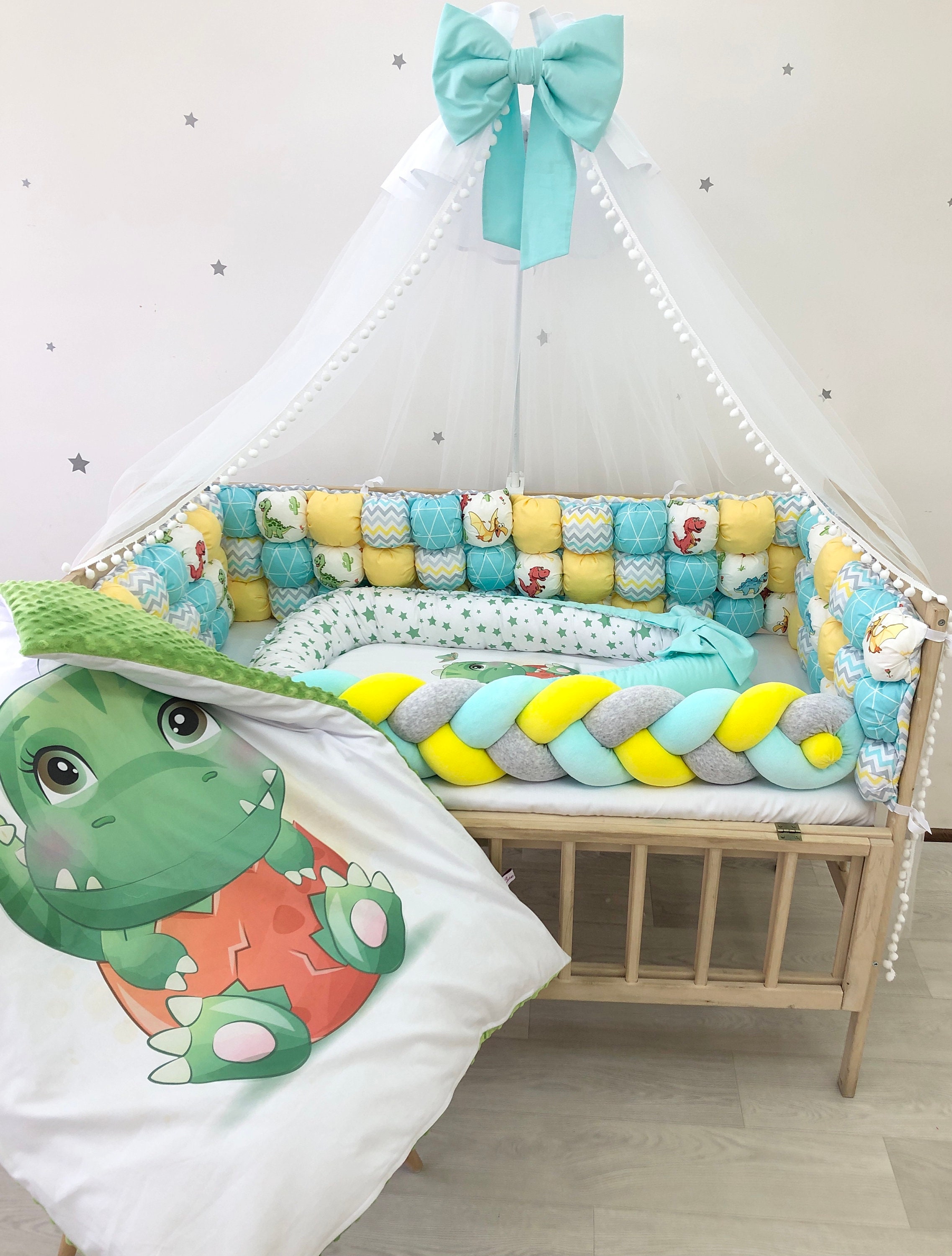 Green crib baby bedding with Dino pattern. Dinosaur baby Etsy