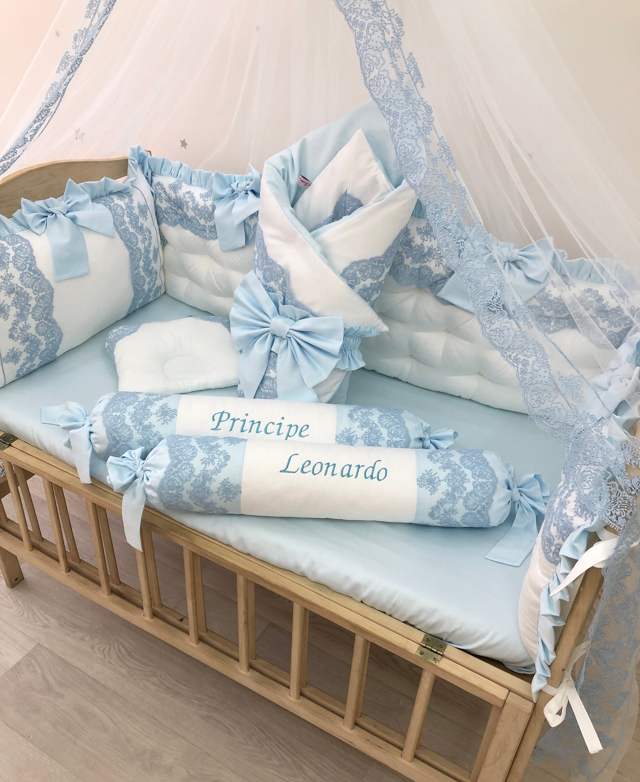 Royal luxury crib bedding set in sky blue and white colors. Etsy