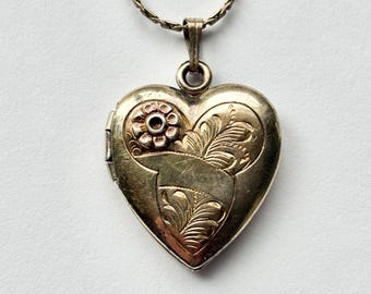 Heart 12K Gold Filled Sterling Silver Flower Vintage Photo Locket Necklace