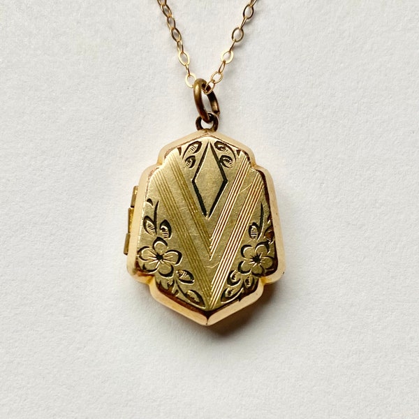 Gold Filled Floral Shield Shape Vintage Photo Locket Necklace