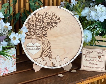 Round wedding guest book alternative,Wood wedding guestbook,Hearts guest book,Round wood sign,Custom round wedding sign,Round name sign