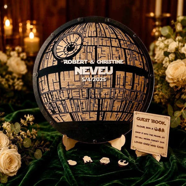 Death Star Wedding Guest Book Alternative Star Wooden Wedding Guestbook Star Custom Wedding Sign Birthday Star Guest Book