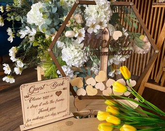 Clear hexagon wedding guest book alternative,Guest book hearts,Acrylic wedding guestbook sign,Transparent guestbook frame,Wooden guestbook