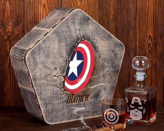 Custom Captain Whiskey Decanter Set Christmas Whiskey Glasses Set Superheroes Whiskey Gift Box Father’s Day Gift Set