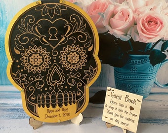 Alternativa al libro de visitas de boda con calaveras de azúcar: buzón gótico, libro de visitas de madera
