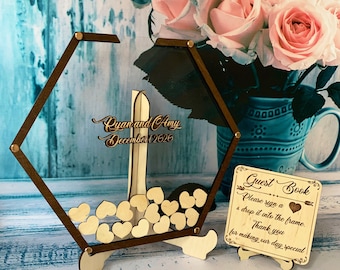 Modern hexagon shape wedding guest book alternative,Acrylic sign our guestbook,Drop box guest book,Hexagon guest book hearts,Wooden sign