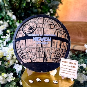 Death Star Hochzeitsgästebuch Alternativer Stern Hochzeitsgästebuch aus Holz Star Individuell angefertigtes Hochzeitsgästebuch Geburtstagsstern-Gästebuch