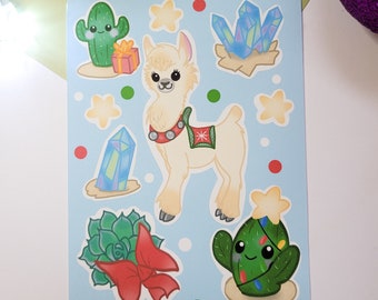 Cute Cactus and Alpaca Christmas Kiss Cut Sticker Sheet