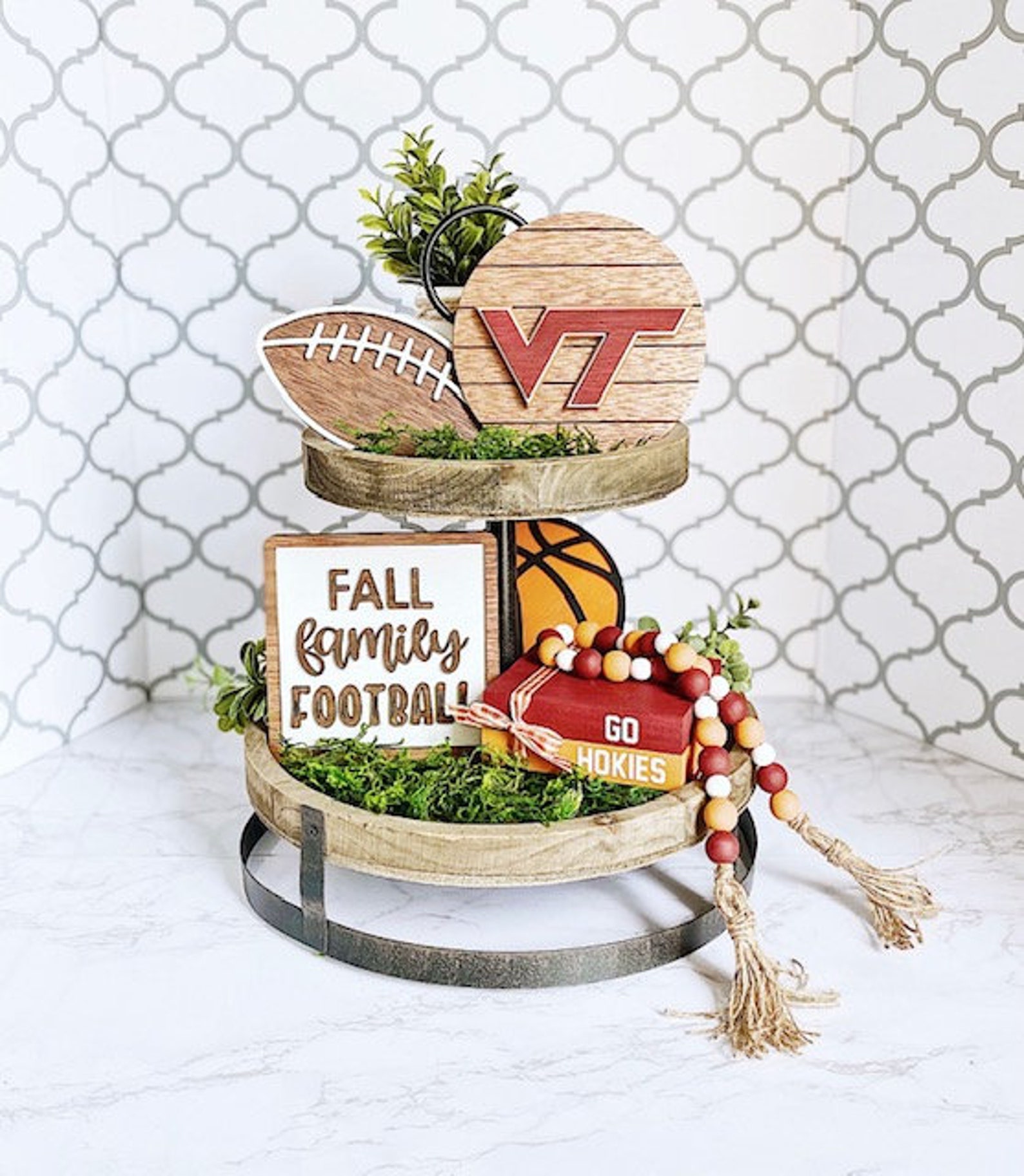 Football Tiered Tray Decor Fall Tiered Tray Virginia Tech Etsy