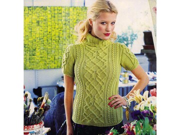 Knitting Pattern Pullover Short Sleeve mock Neck PDF Instant Download Sweater knit Womens Summer Spring Blouse Short Sleeved Jumper  PDF