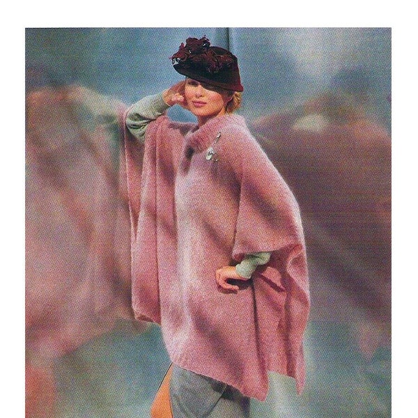 Knitting Pattern Oversized Pullover Poncho PDF Instant Download Easy Loose Foldback Ribbed Collar V neck Tunic Women Spring Coat